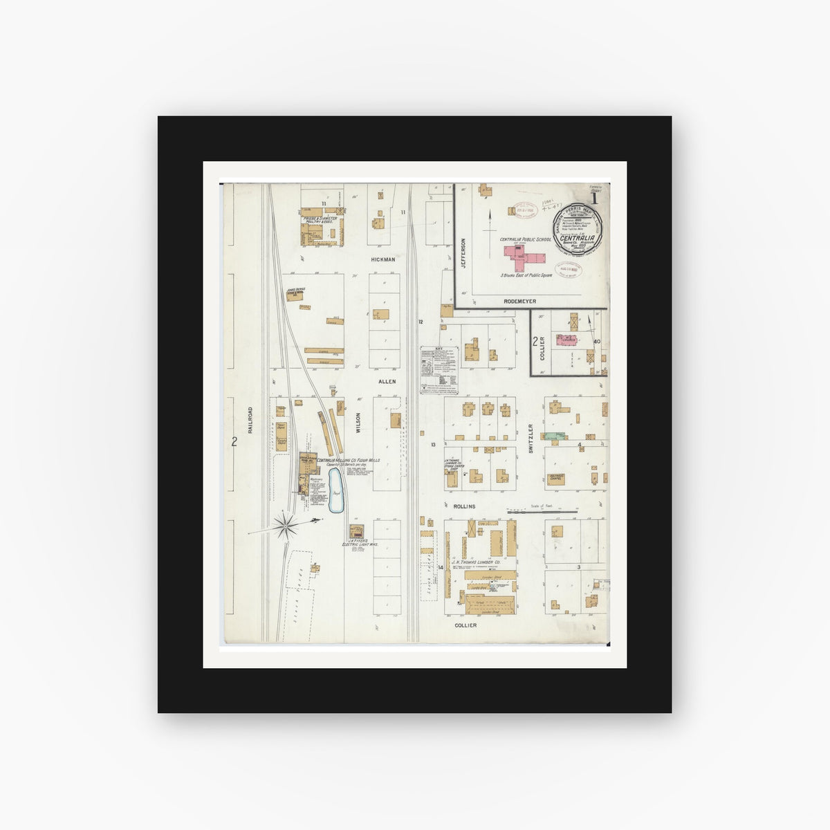 Old map wall art mockup — black gallery frame with white mat — Sanborn Fire Insurance Map from Centralia, Boone County, Missouri (1899) - Complete Map Set