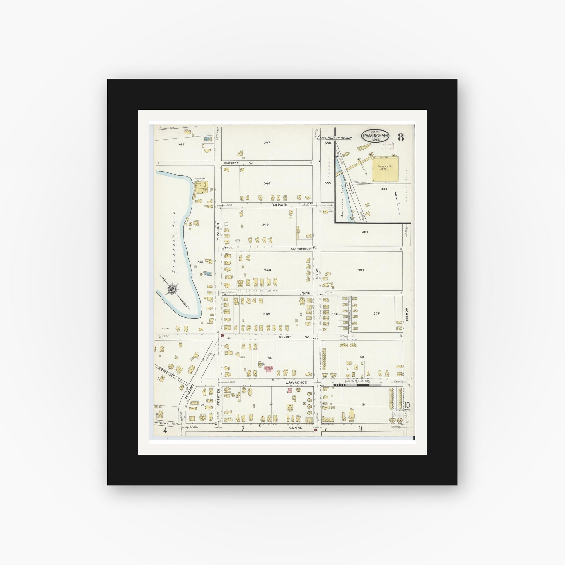 Old map wall art mockup — black gallery frame with white mat — Sanborn Fire Insurance Map from Framingham, Middlesex County, Massachusetts (1915), Sheet #0008