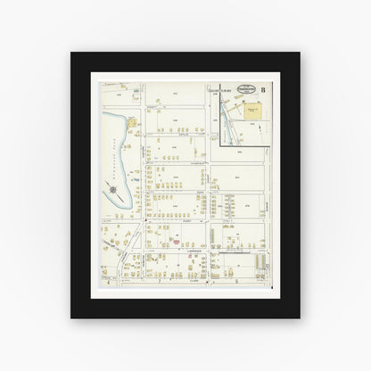 Old map wall art mockup — black gallery frame with white mat — Sanborn Fire Insurance Map from Framingham, Middlesex County, Massachusetts (1915), Sheet #0008