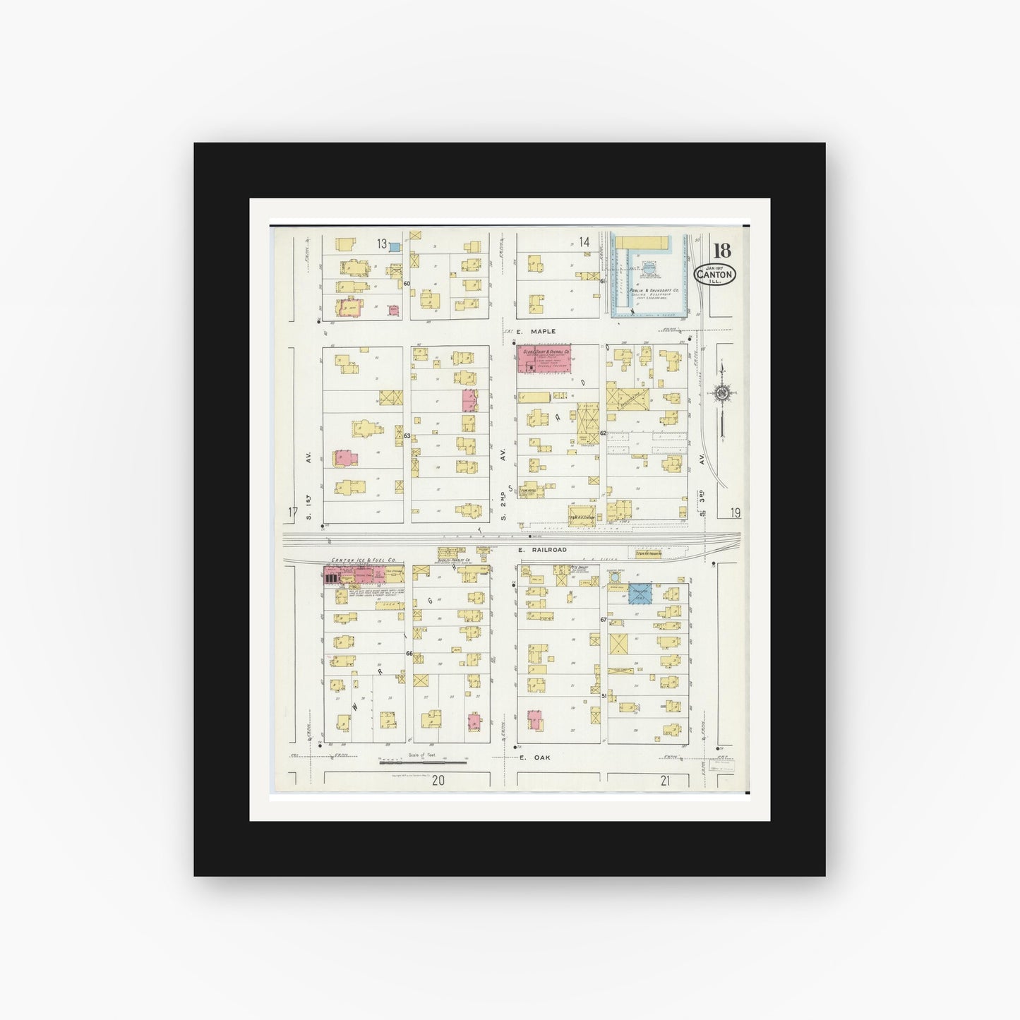 Old map wall art mockup — black gallery frame with white mat — Sanborn Fire Insurance Map from Canton, Fulton County, Illinois (1917), Sheet #0018