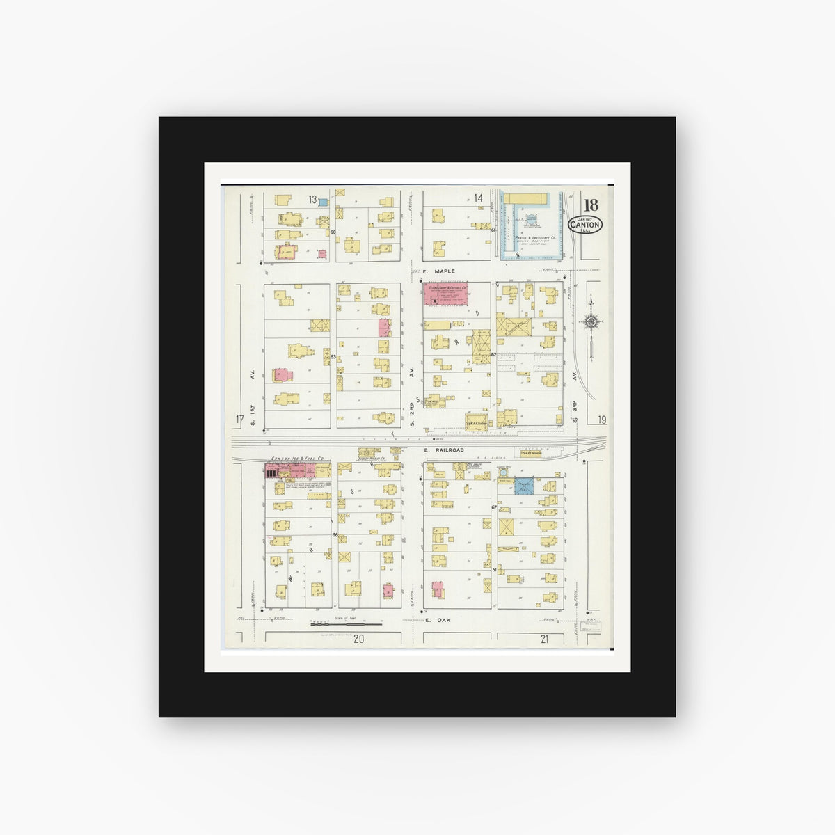 Old map wall art mockup — black gallery frame with white mat — Sanborn Fire Insurance Map from Canton, Fulton County, Illinois (1917), Sheet #0018