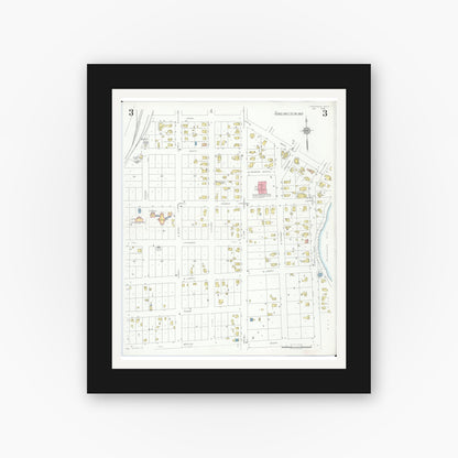 Old map wall art mockup — black gallery frame with white mat — Sanborn Fire Insurance Map from Chesaning, Saginaw County, Michigan (1935), Sheet #0003