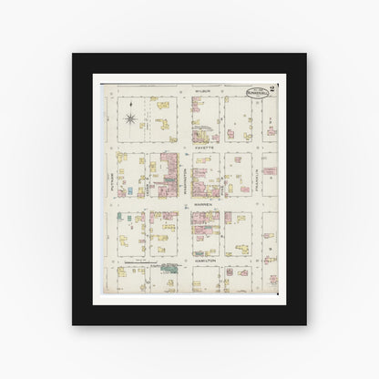 Old map wall art mockup — black gallery frame with white mat — Sanborn Fire Insurance Map from Bunker Hill, Macoupin County, Illinois (1886), Sheet #0002