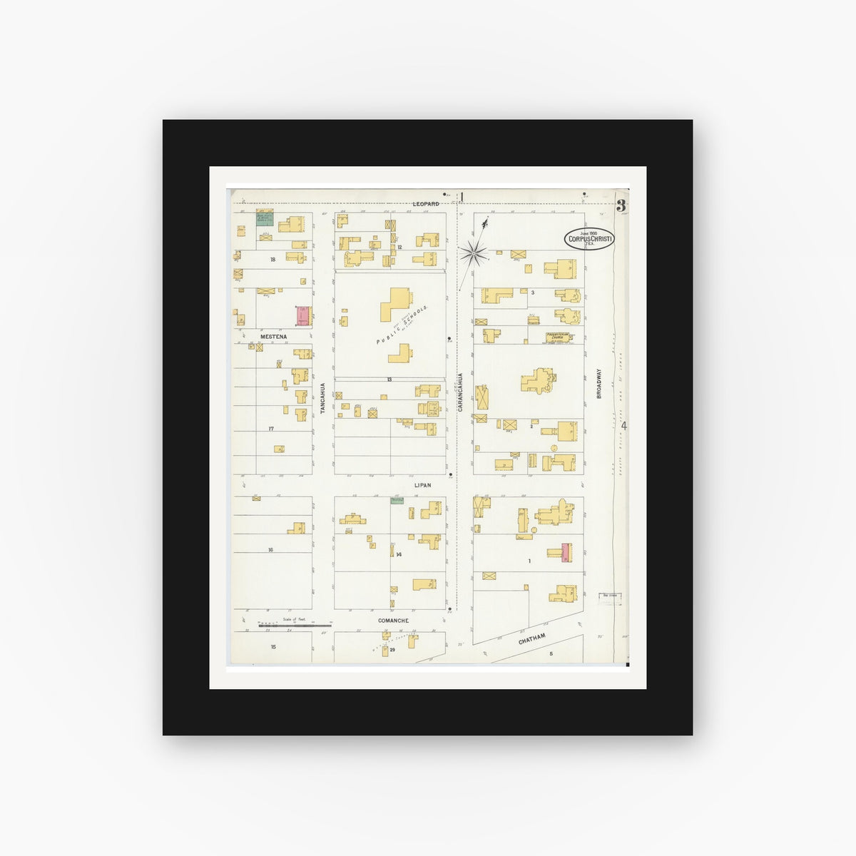 Old map wall art mockup — black gallery frame with white mat — Sanborn Fire Insurance Map from Corpus Christi, Nueces County, Texas (1900), Sheet #0003