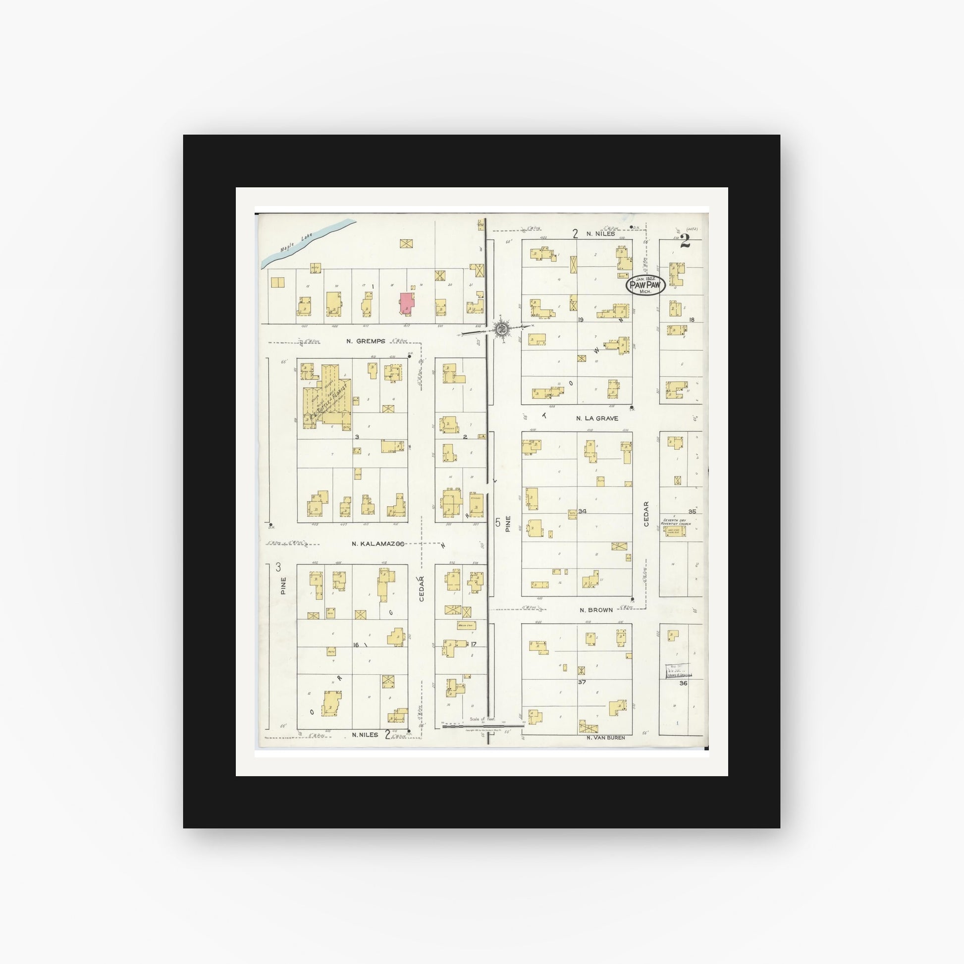 Old map wall art mockup — black gallery frame with white mat — Sanborn Fire Insurance Map from Paw Paw, Van Buren County, Michigan (1922), Sheet #0002