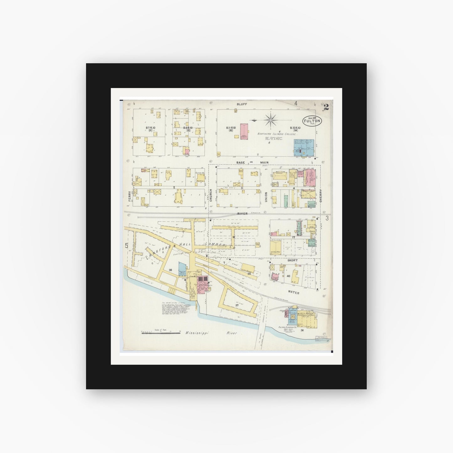 Old map wall art mockup — black gallery frame with white mat — Sanborn Fire Insurance Map from Fulton, Whiteside County, Illinois (1897), Sheet #0002