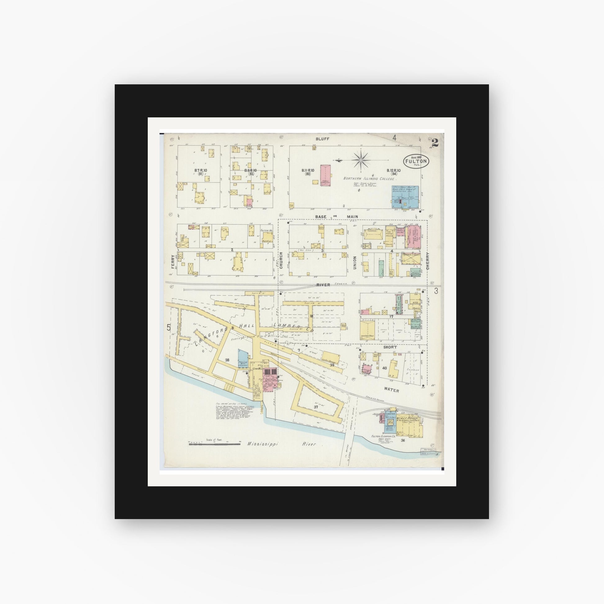 Old map wall art mockup — black gallery frame with white mat — Sanborn Fire Insurance Map from Fulton, Whiteside County, Illinois (1897), Sheet #0002