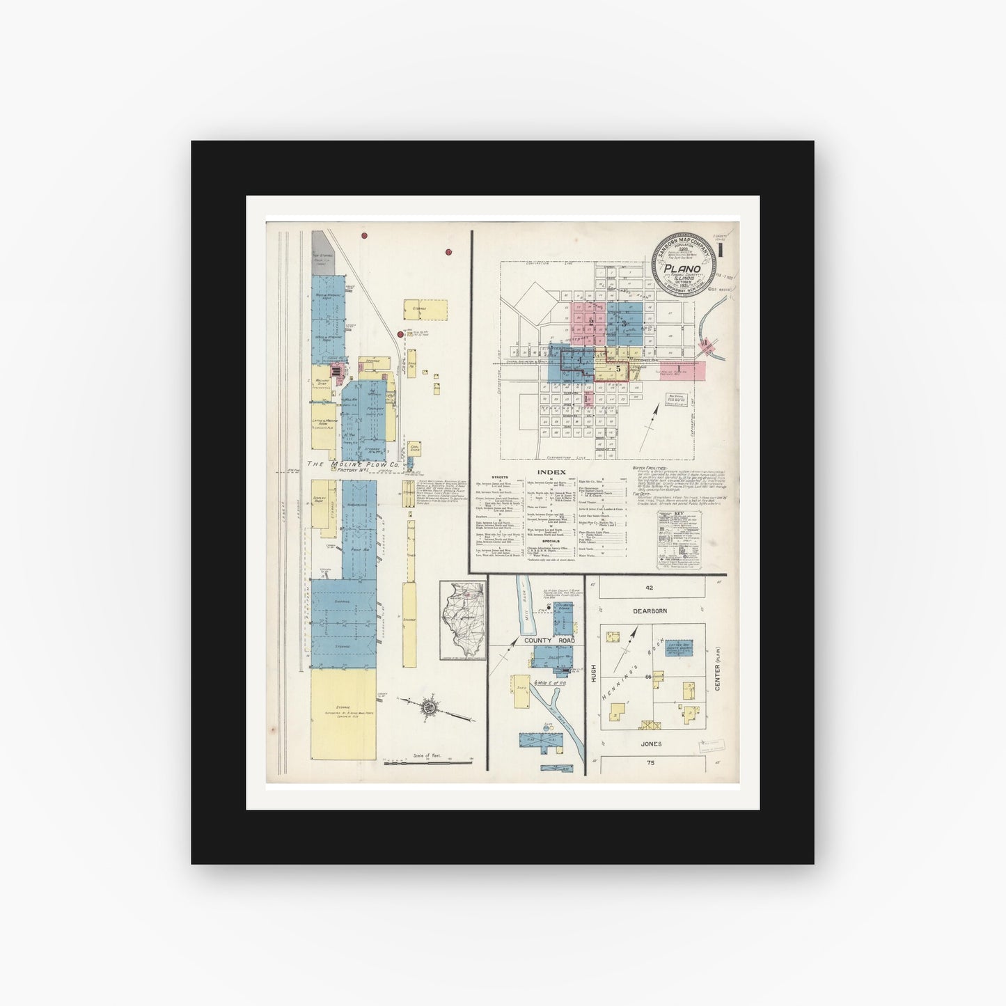 Old map wall art mockup — black gallery frame with white mat — Sanborn Fire Insurance Map from Plano, Kendall County, Illinois (1921) - Complete Map Set
