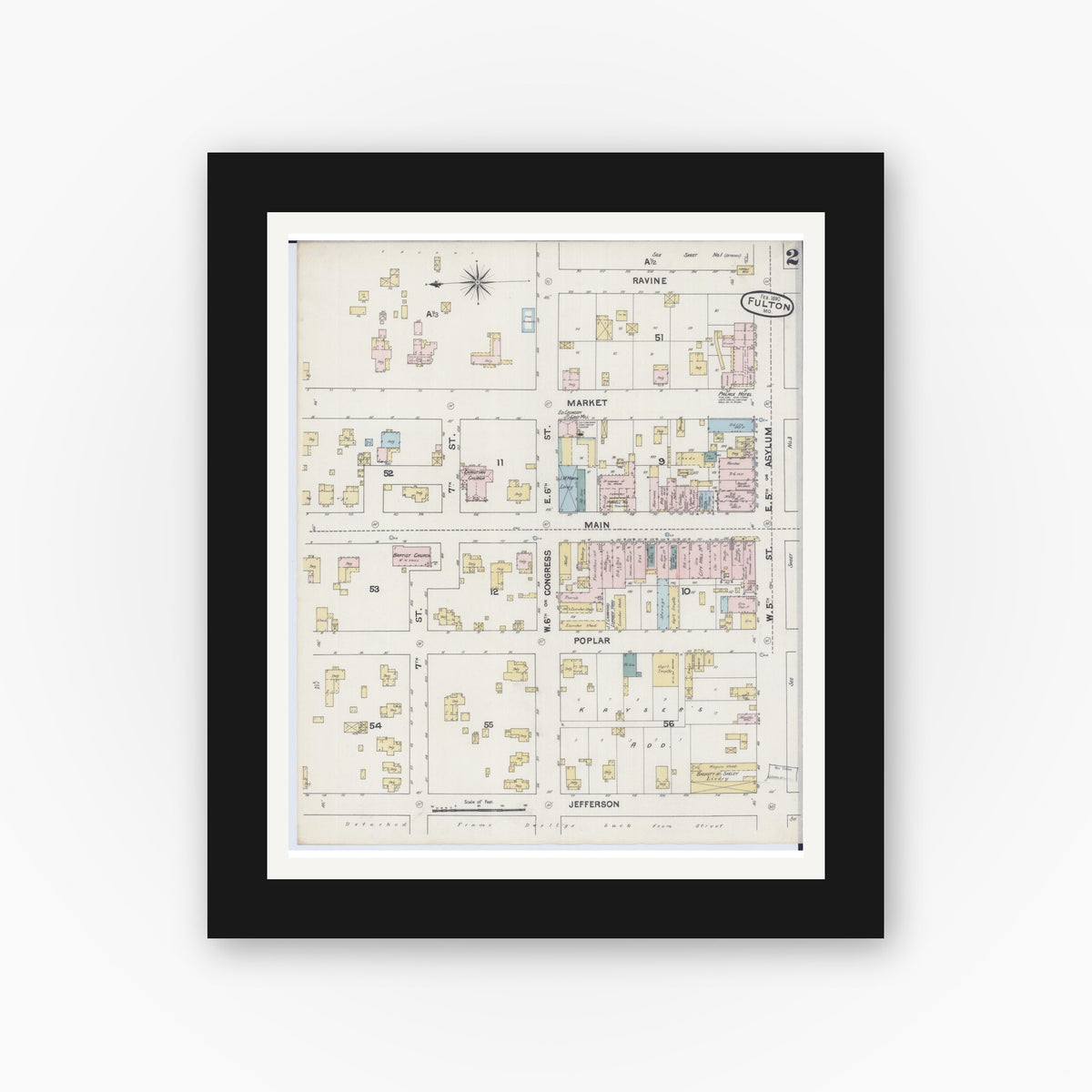 Old map wall art mockup — black gallery frame with white mat — Sanborn Fire Insurance Map from Fulton, Callaway County, Missouri (1890), Sheet #0002