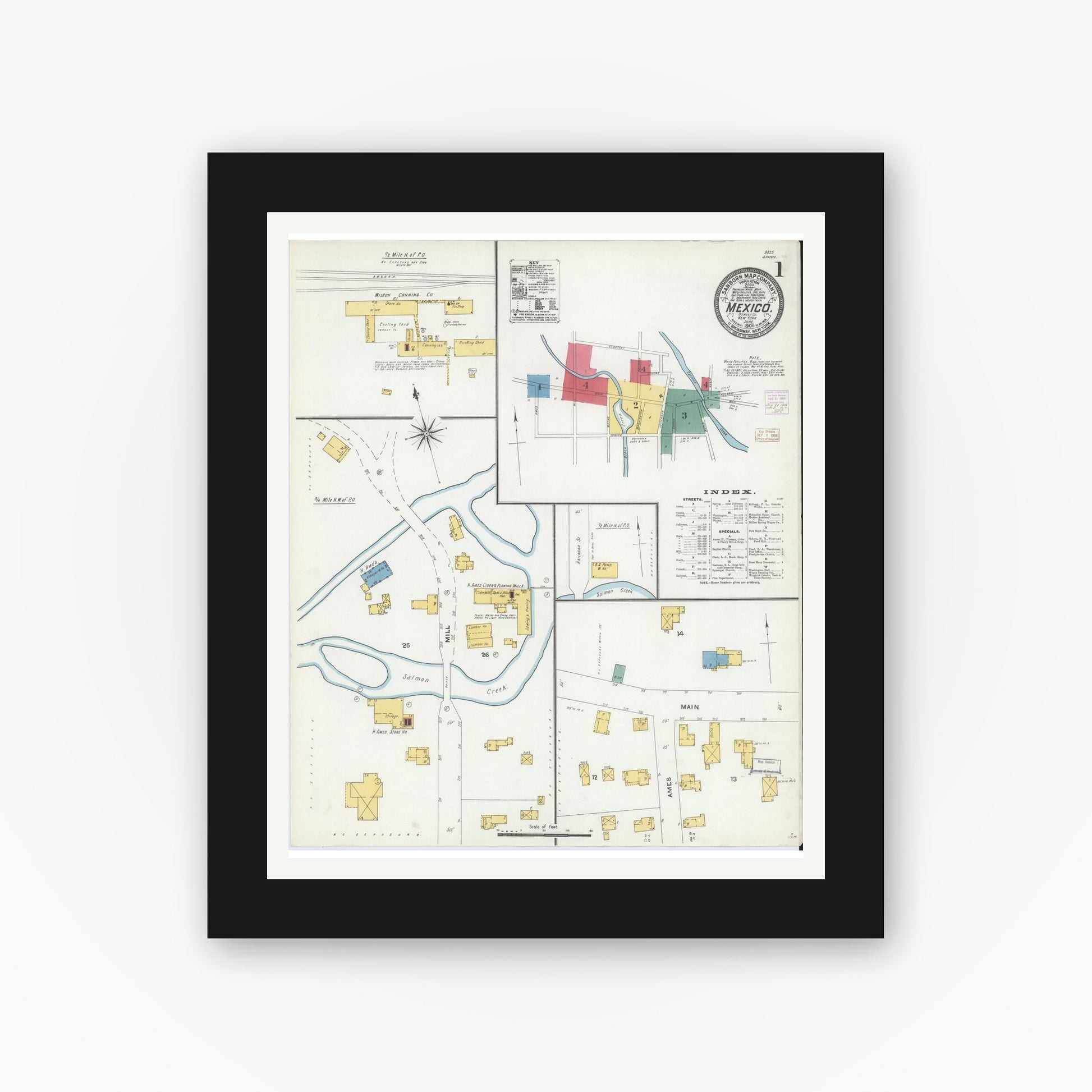 Old map wall art mockup — black gallery frame with white mat — Sanborn Fire Insurance Map from Mexico, Oswego County, New York (1906) - Complete Map Set