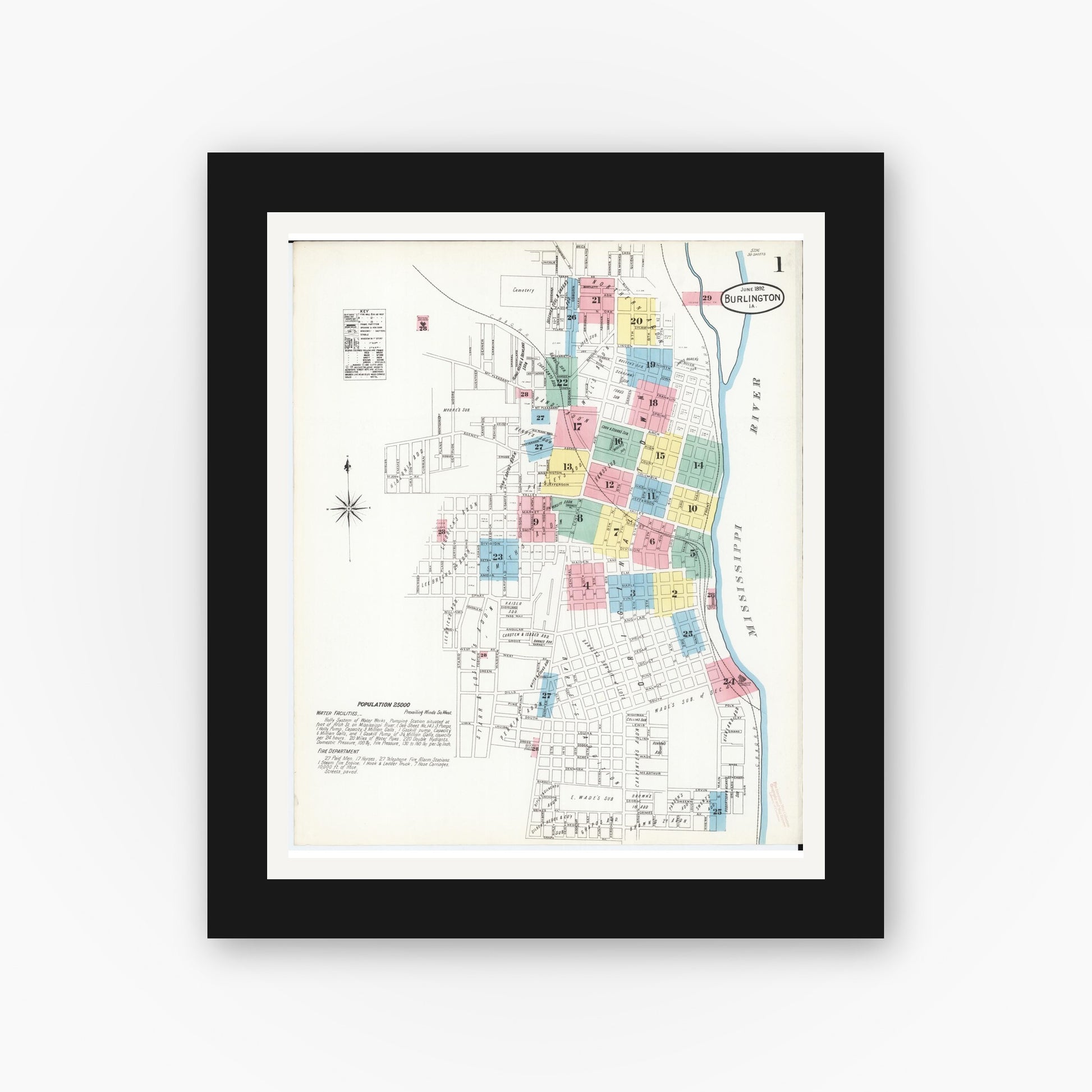 Old map wall art mockup — black gallery frame with white mat — Sanborn Fire Insurance Map from Burlington, Des Moines County, Iowa (1892) â€” Complete Set