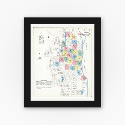 Old map wall art mockup — black gallery frame with white mat — Sanborn Fire Insurance Map from Burlington, Des Moines County, Iowa (1892) â€” Complete Set