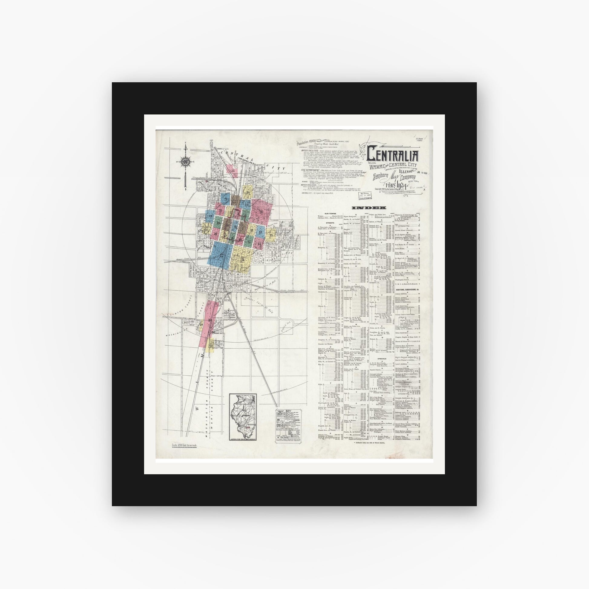 Old map wall art mockup — black gallery frame with white mat — Sanborn Fire Insurance Map from Centralia, Marion, Clinton, Jefferson, and Washington Counties, Illinois (1924), Sheet #0001