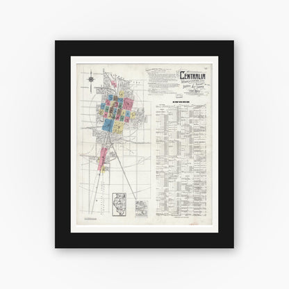 Old map wall art mockup — black gallery frame with white mat — Sanborn Fire Insurance Map from Centralia, Marion, Clinton, Jefferson, and Washington Counties, Illinois (1924), Sheet #0001