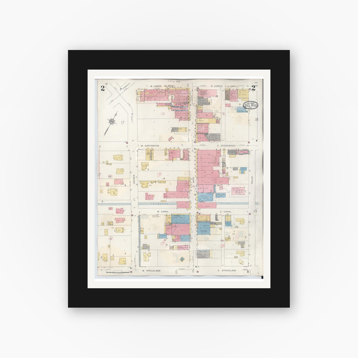 Old map wall art mockup — black gallery frame with white mat — Sanborn Fire Insurance Map from Del Rio, Val Verde County, Texas (1948), Sheet #0002