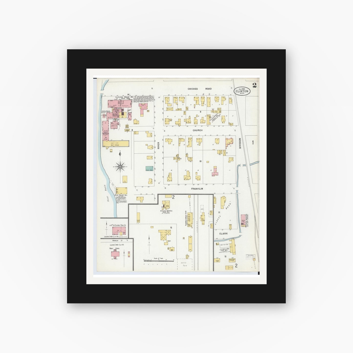 Old map wall art mockup — black gallery frame with white mat — Sanborn Fire Insurance Map from Clinton, Lenawee County, Michigan (1900), Sheet #0002