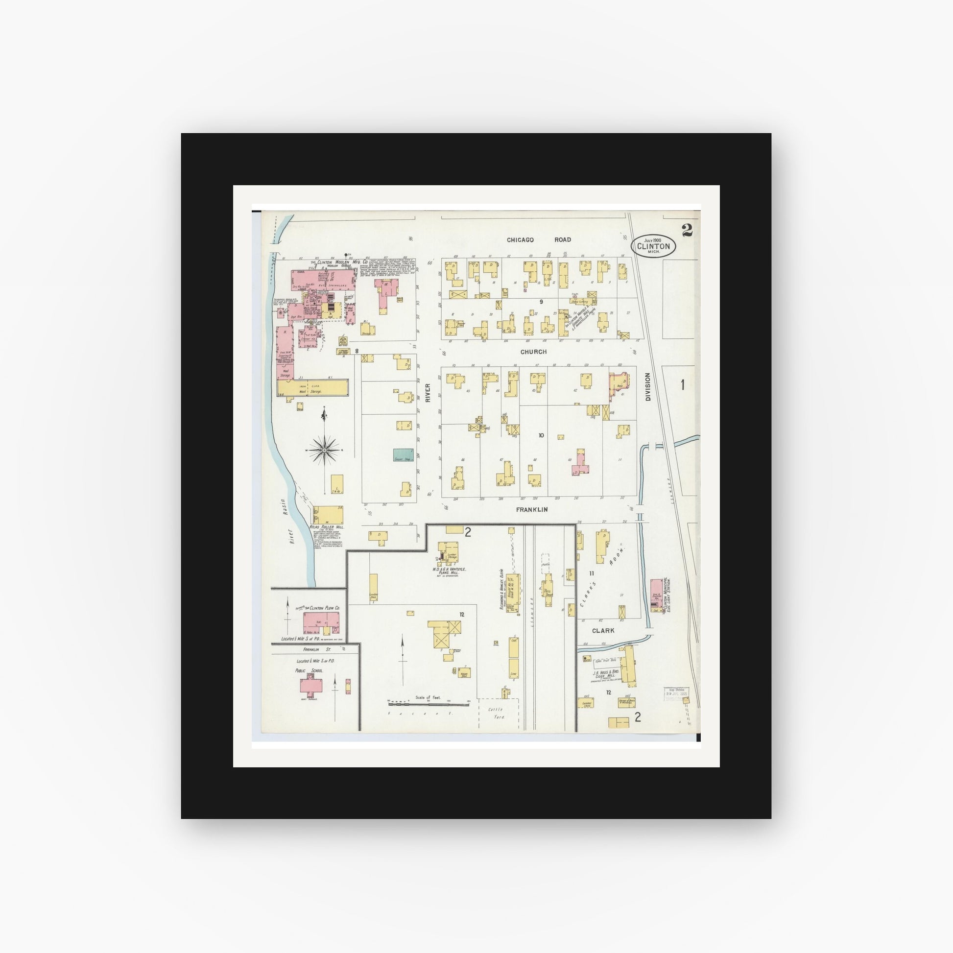 Old map wall art mockup — black gallery frame with white mat — Sanborn Fire Insurance Map from Clinton, Lenawee County, Michigan (1900), Sheet #0002