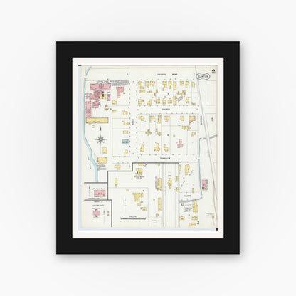 Old map wall art mockup — black gallery frame with white mat — Sanborn Fire Insurance Map from Clinton, Lenawee County, Michigan (1900), Sheet #0002