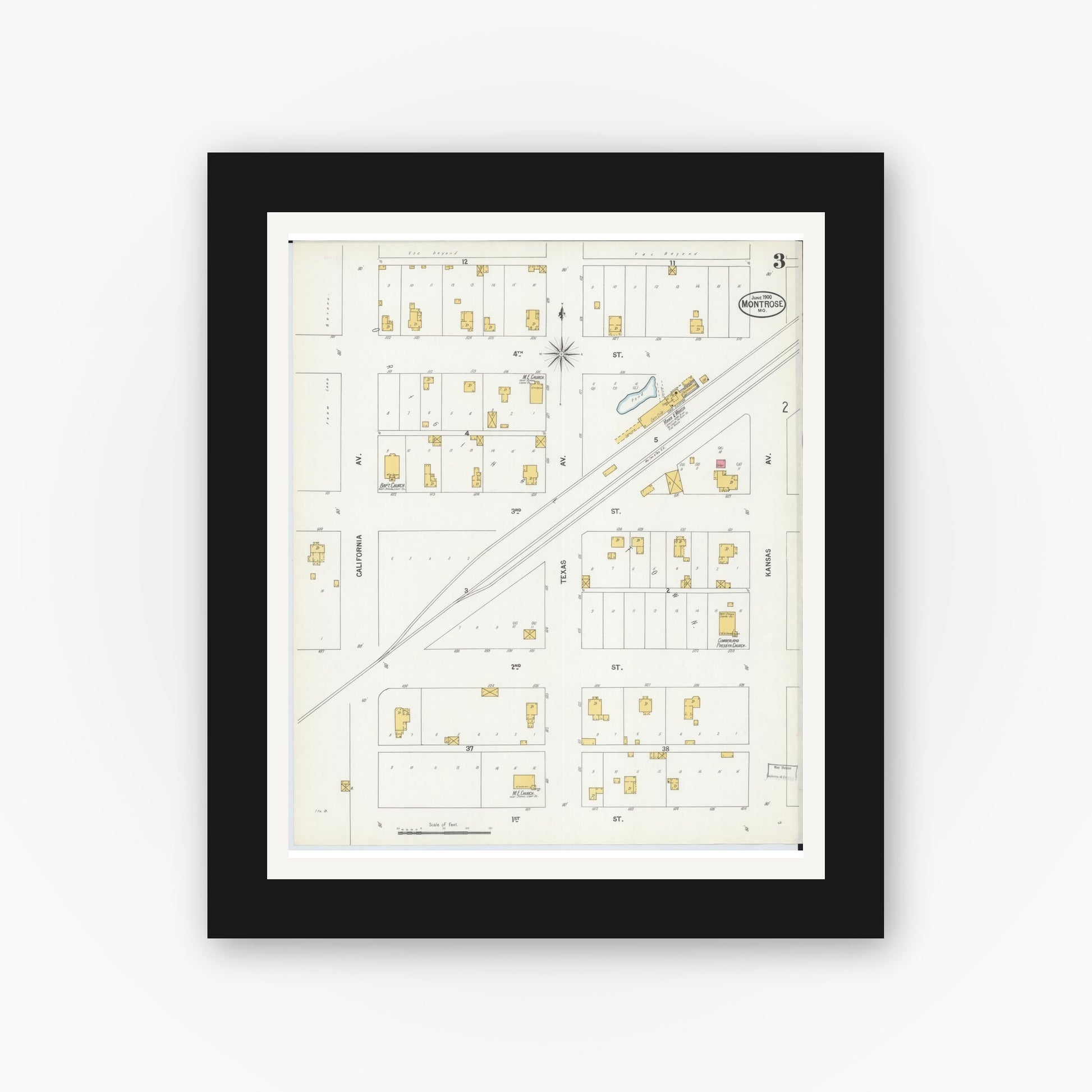 Old map wall art mockup — black gallery frame with white mat — Sanborn Fire Insurance Map from Montrose, Henry County, Missouri (1900), Sheet #0003