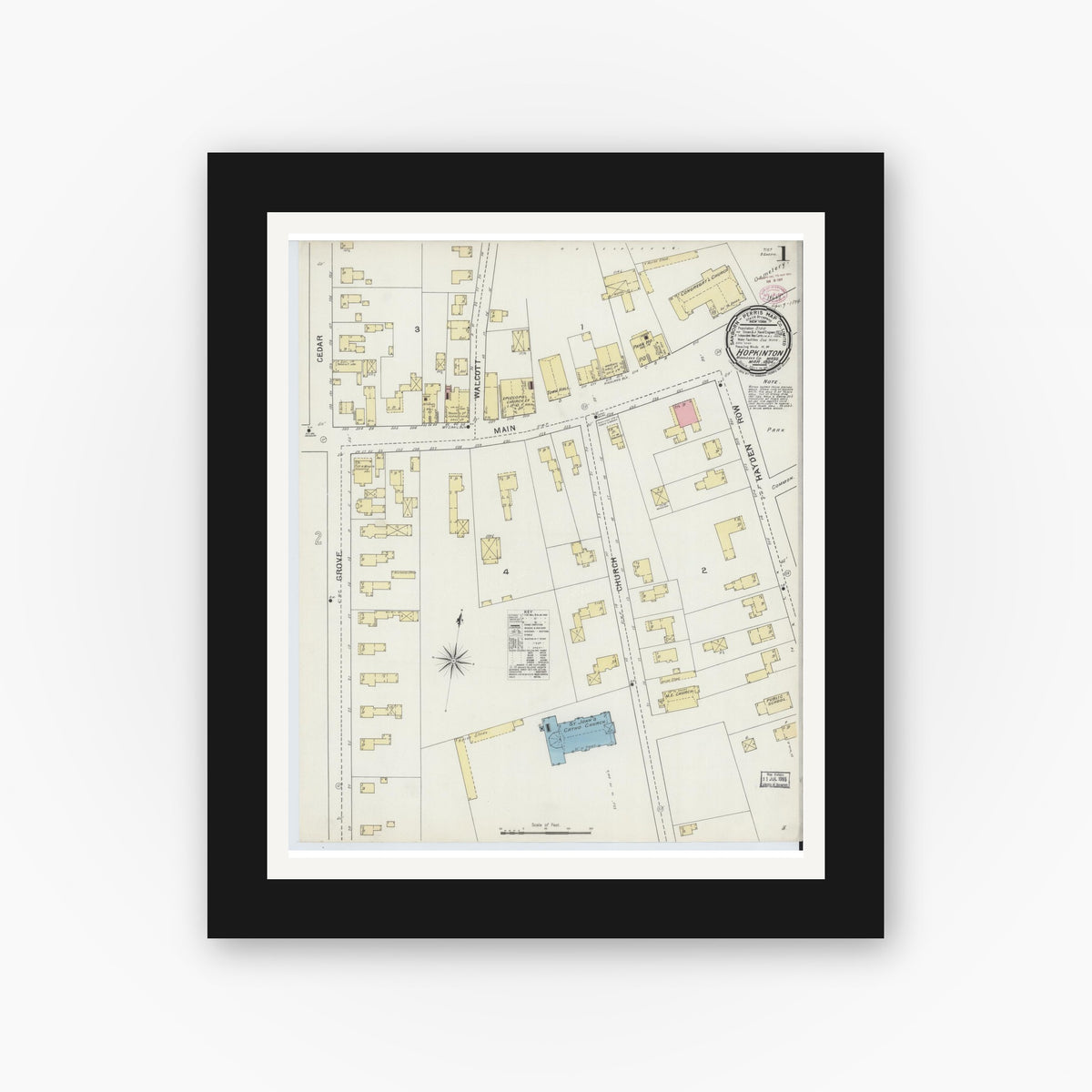 Old map wall art mockup — black gallery frame with white mat — Sanborn Fire Insurance Map from Hopkinton, Middlesex County, Massachusetts (1894) - Complete Map Set