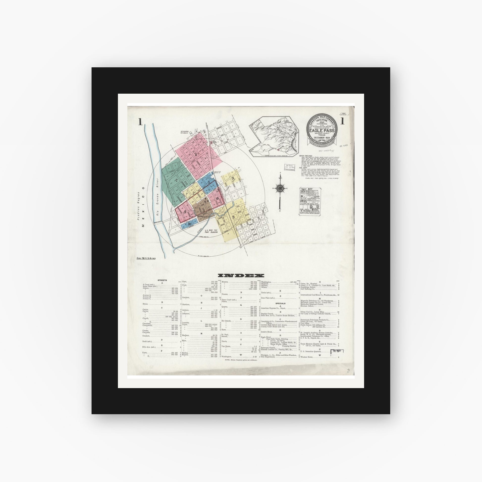 Old map wall art mockup — black gallery frame with white mat — Sanborn Fire Insurance Map from Eagle Pass, Maverick County, Texas (1924), Sheet #0001