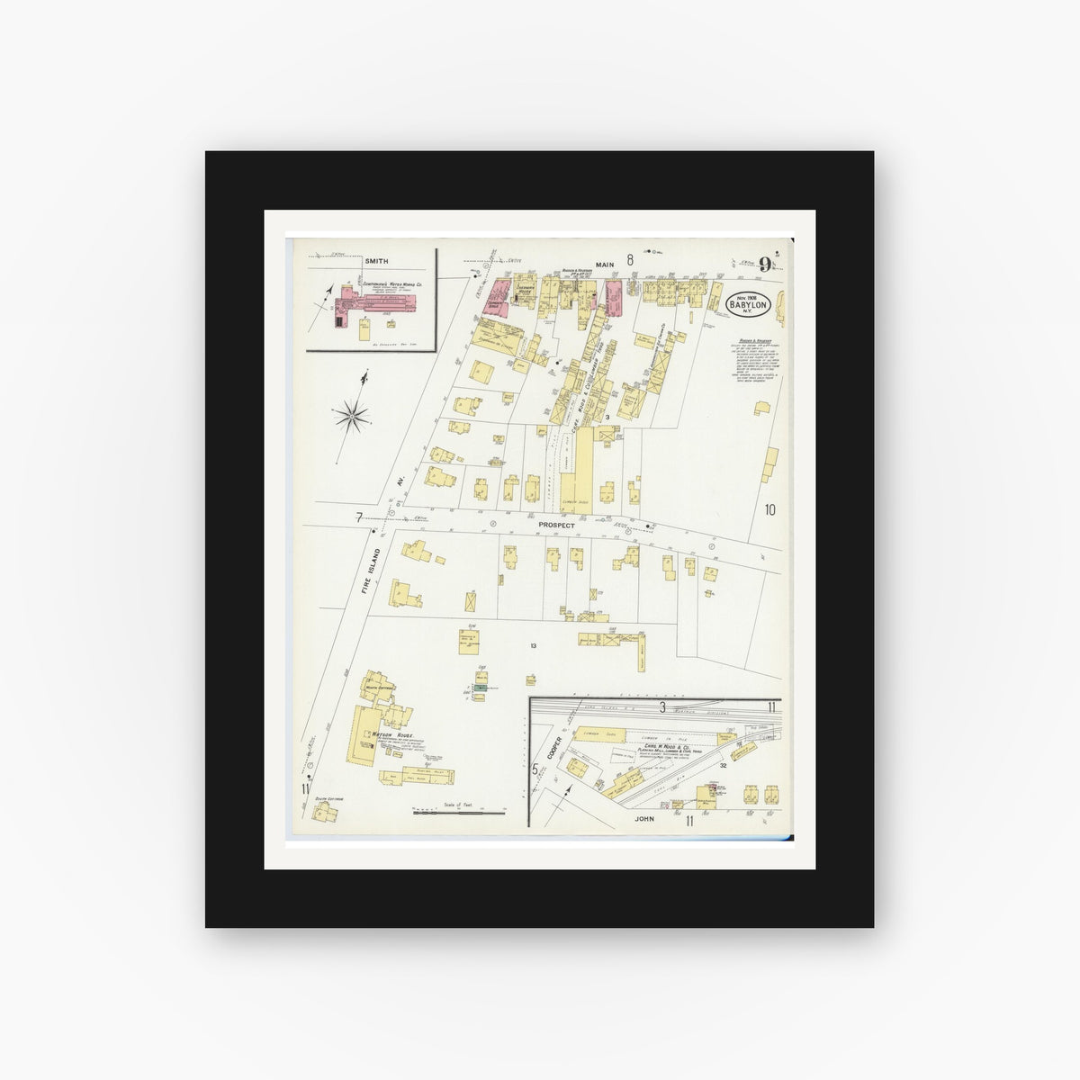 Old map wall art mockup — black gallery frame with white mat — Sanborn Fire Insurance Map from Babylon, Suffolk County, New York (1908), Sheet #0009