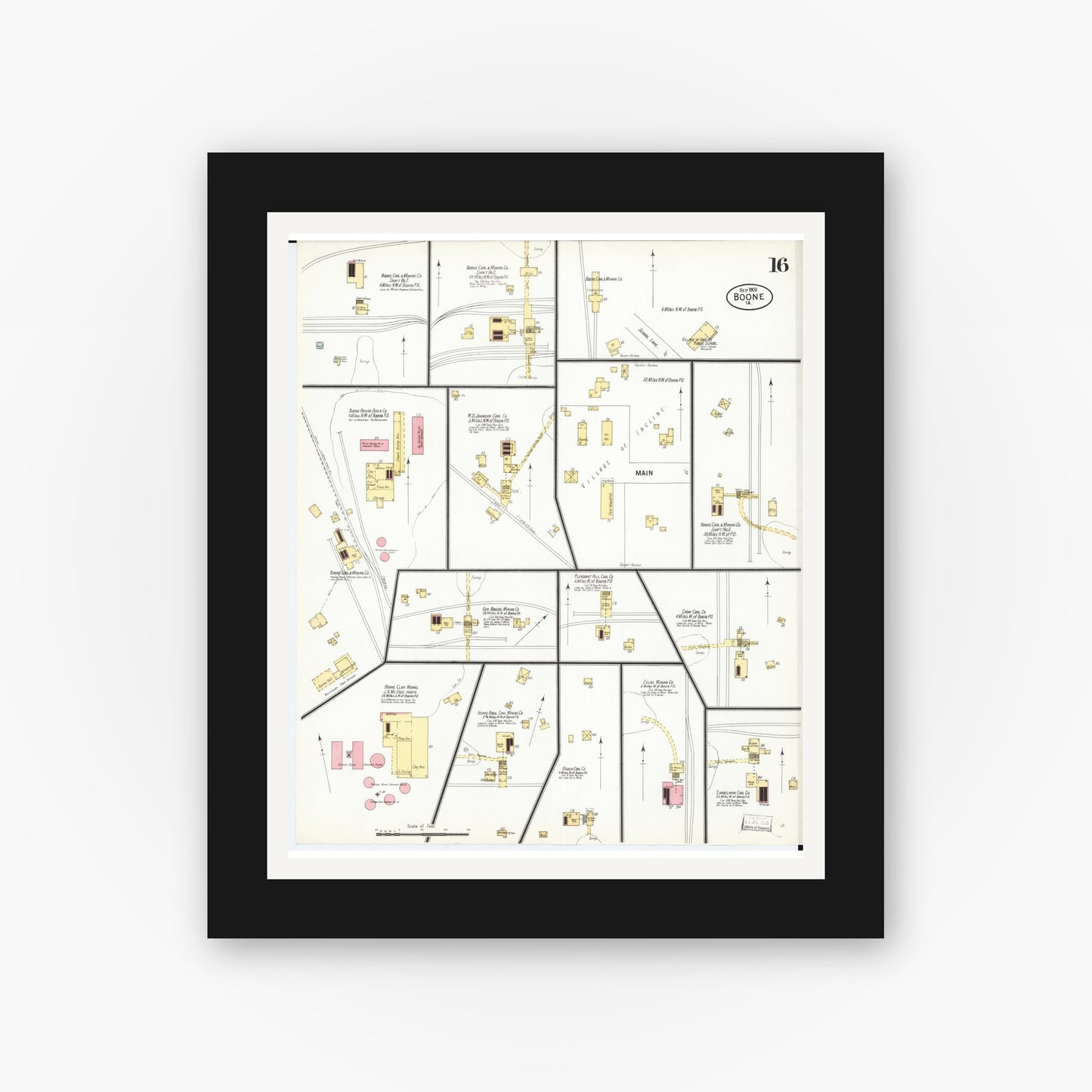 Old map wall art mockup — black gallery frame with white mat — Sanborn Fire Insurance Map from Boone, Boone County, Iowa (1900), Sheet #0016