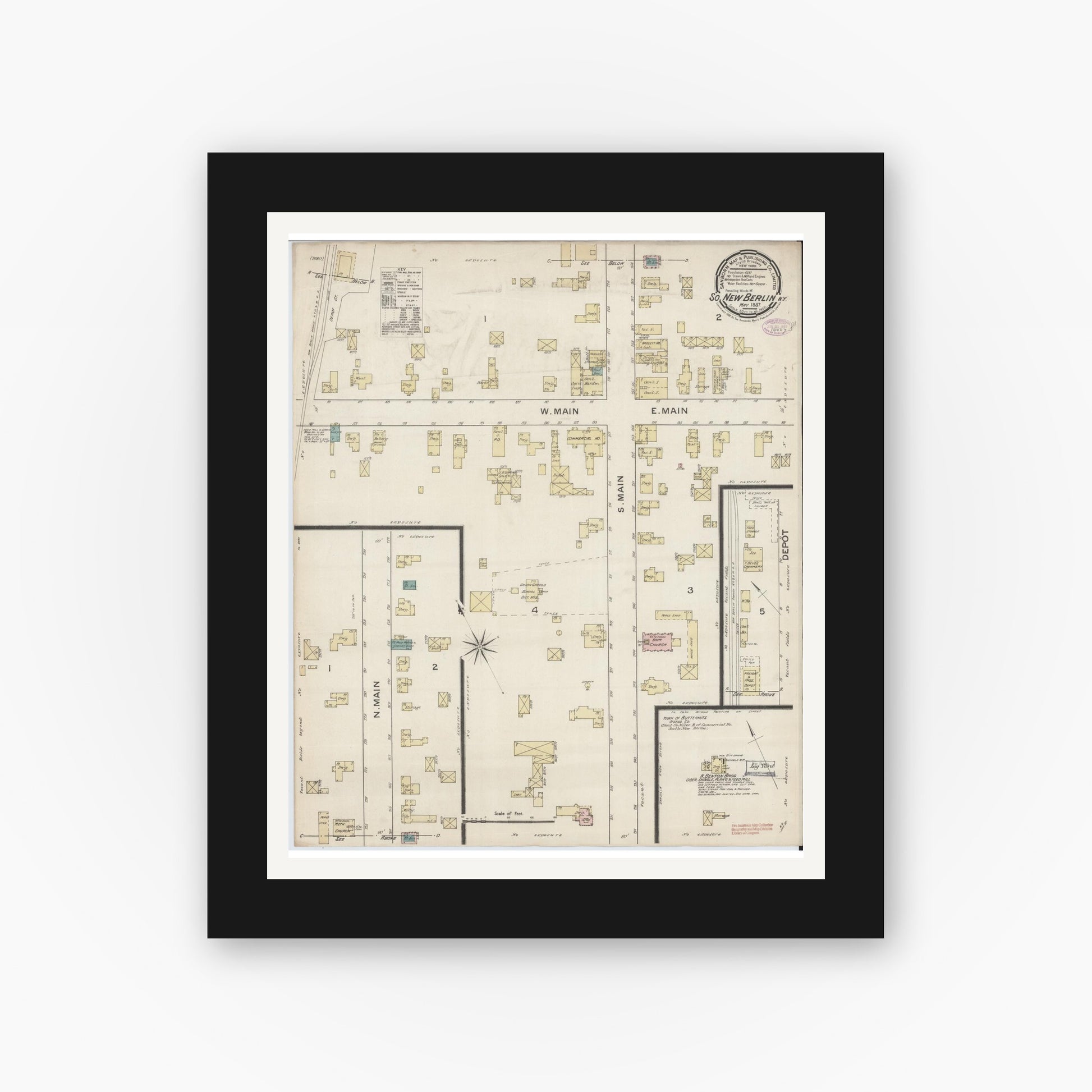Old map wall art mockup — black gallery frame with white mat — Sanborn Fire Insurance Map from South New Berlin, Chenango County, New York (1887), Sheet #0001