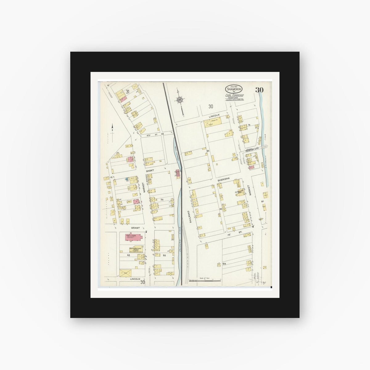 Old map wall art mockup — black gallery frame with white mat — Sanborn Fire Insurance Map from Shamokin, Northumberland County, Pennsylvania (1913), Sheet #0030