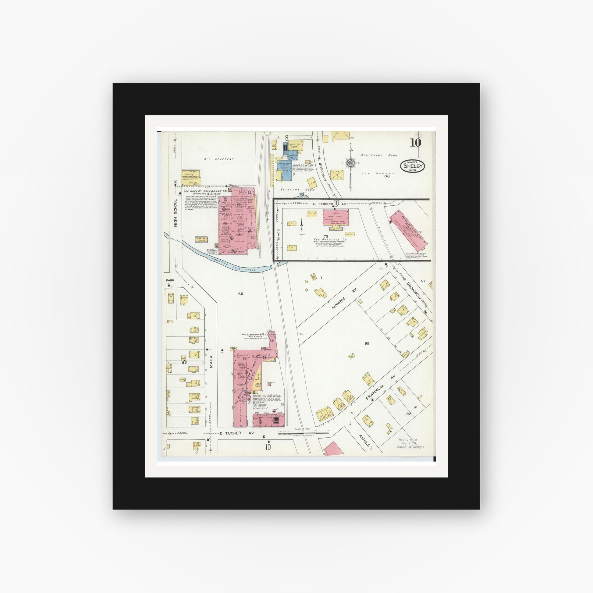 Old map wall art mockup — black gallery frame with white mat — Sanborn Fire Insurance Map from Shelby, Richland County, Ohio (1919), Sheet #0010