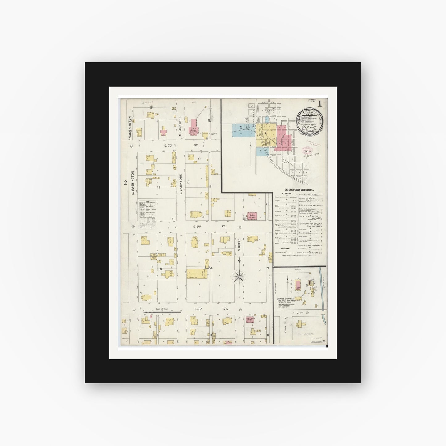 Old map wall art mockup — black gallery frame with white mat — Sanborn Fire Insurance Map from Clay City, Clay County, Indiana (1896) - Complete Map Set