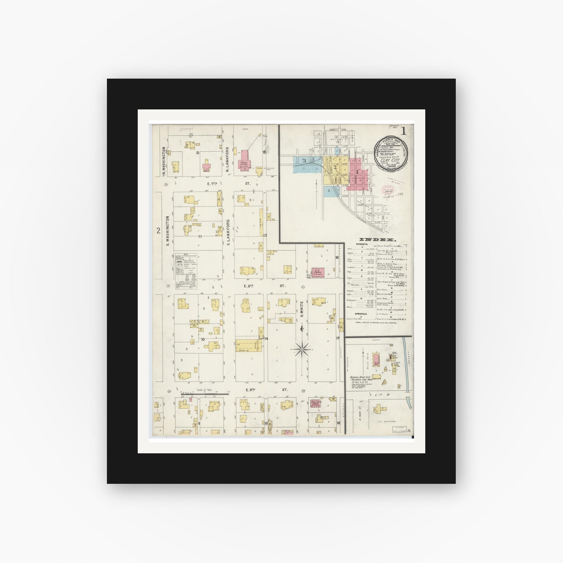 Old map wall art mockup — black gallery frame with white mat — Sanborn Fire Insurance Map from Clay City, Clay County, Indiana (1896) - Complete Map Set