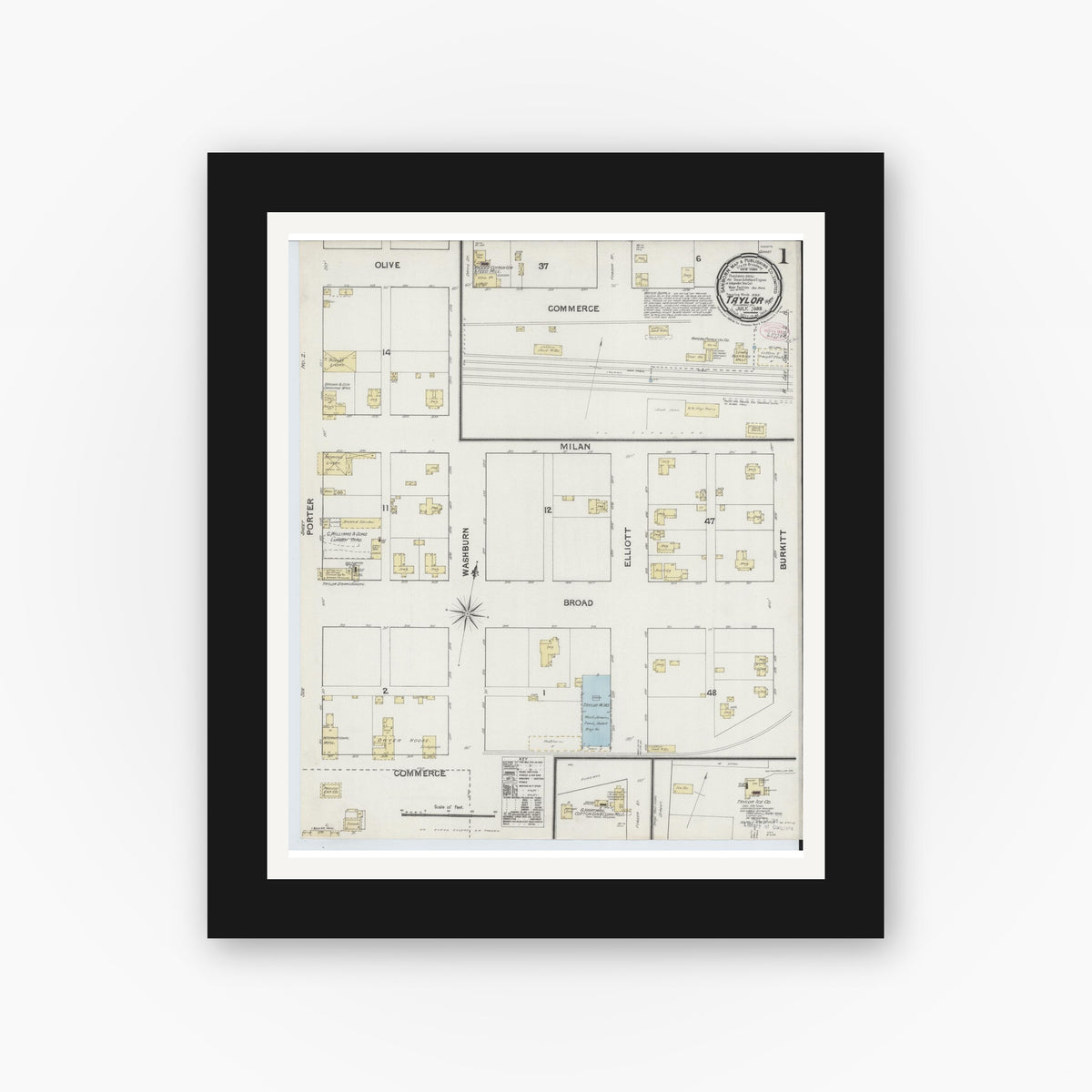 Old map wall art mockup — black gallery frame with white mat — Sanborn Fire Insurance Map from Taylor, Williamson County, Texas (1889), Sheet #0001