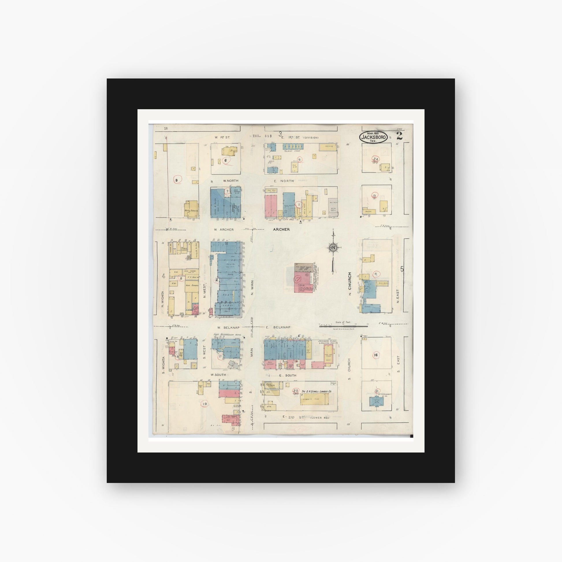 Old map wall art mockup — black gallery frame with white mat — Sanborn Fire Insurance Map from Jacksboro, Jack County, Texas (1942), Sheet #0002