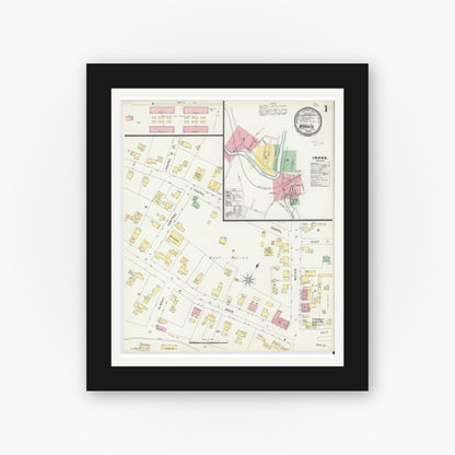 Old map wall art mockup — black gallery frame with white mat — Sanborn Fire Insurance Map from Warren, Worcester County, Massachusetts (1896), Sheet #0001