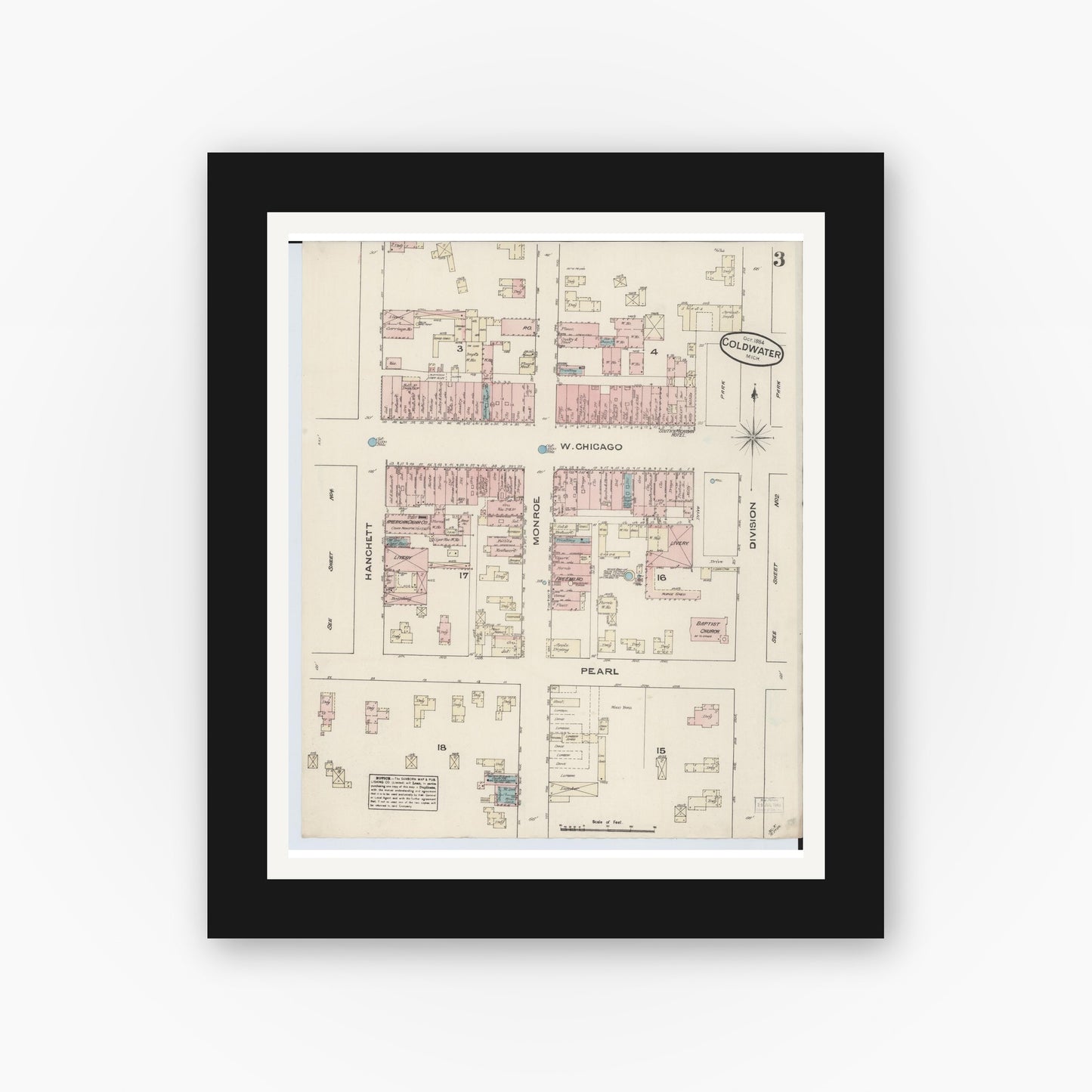 Old map wall art mockup — black gallery frame with white mat — Sanborn Fire Insurance Map from Coldwater, Branch County, Michigan (1884), Sheet #0003
