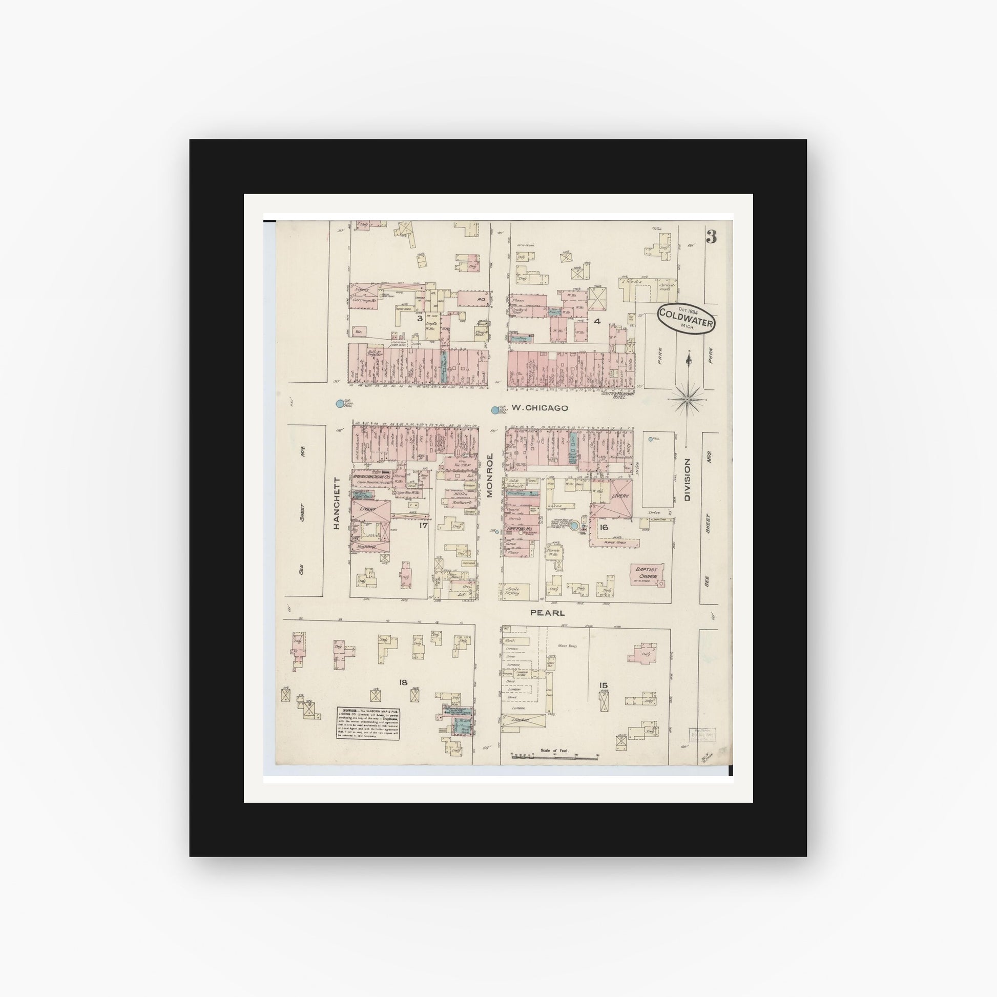 Old map wall art mockup — black gallery frame with white mat — Sanborn Fire Insurance Map from Coldwater, Branch County, Michigan (1884), Sheet #0003