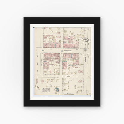 Old map wall art mockup — black gallery frame with white mat — Sanborn Fire Insurance Map from Coldwater, Branch County, Michigan (1884), Sheet #0003