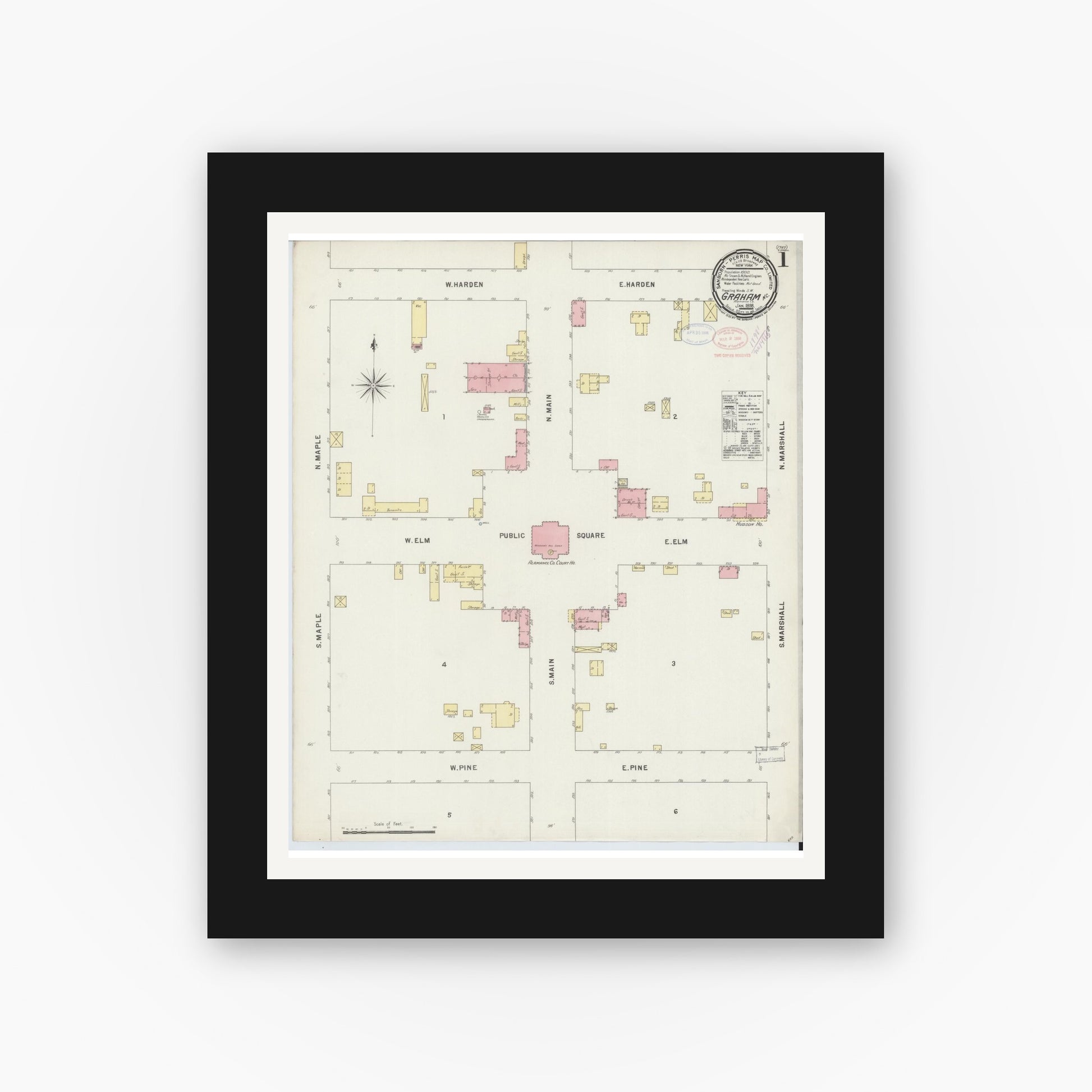 Old map wall art mockup — black gallery frame with white mat — Sanborn Fire Insurance Map from Graham, Alamance County, North Carolina (1898) - Complete Map Set