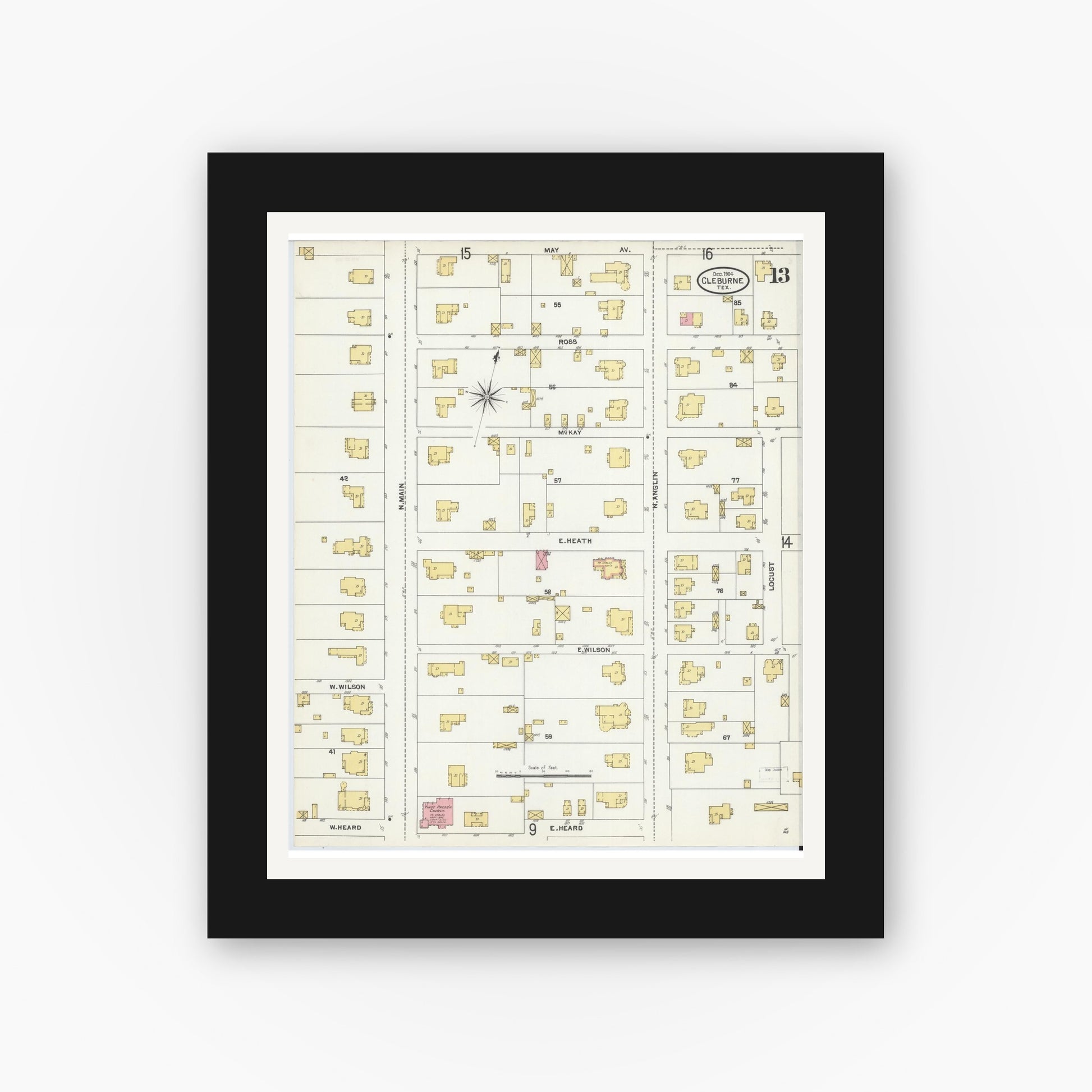 Old map wall art mockup — black gallery frame with white mat — Sanborn Fire Insurance Map from Cleburne, Johnson County, Texas (1904), Sheet #0013