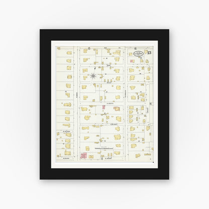 Old map wall art mockup — black gallery frame with white mat — Sanborn Fire Insurance Map from Cleburne, Johnson County, Texas (1904), Sheet #0013
