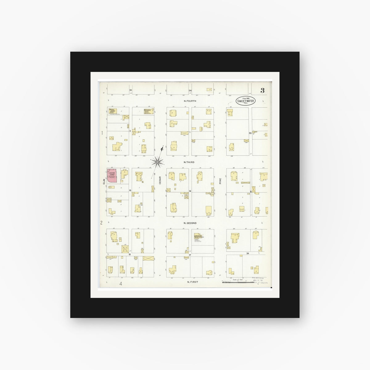 Old map wall art mockup — black gallery frame with white mat — Sanborn Fire Insurance Map from Sweetwater, Nolan County, Texas (1908), Sheet #0003
