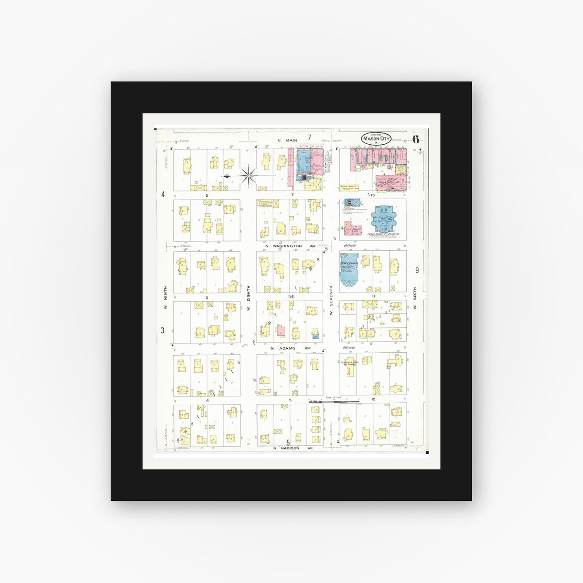 Old map wall art mockup — black gallery frame with white mat — Sanborn Fire Insurance Map from Mason City, Cerro Gordo County, Iowa (1909), Sheet #0006