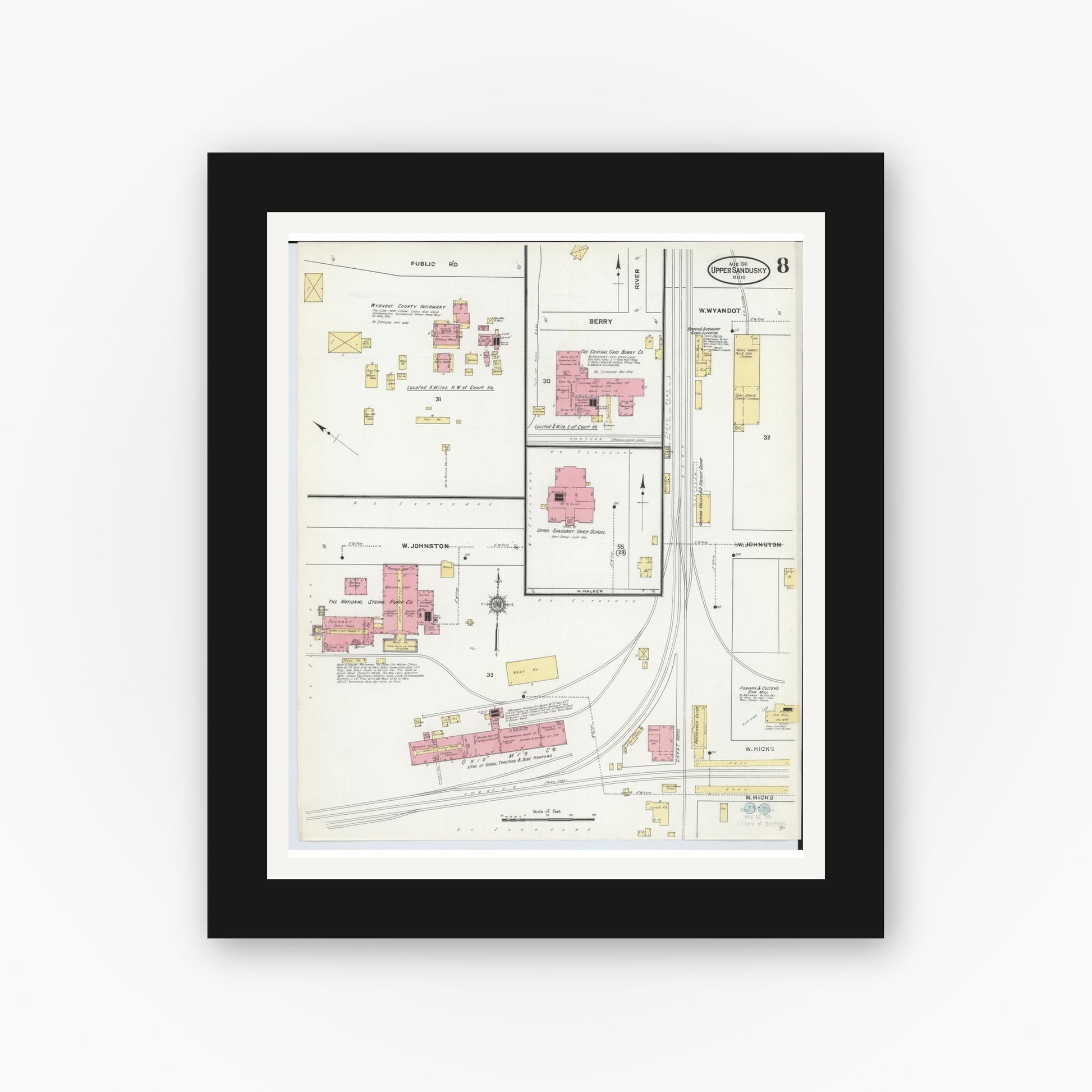 Old map wall art mockup — black gallery frame with white mat — Sanborn Fire Insurance Map from Upper Sandusky, Wyandot County, Ohio (1911), Sheet #0008