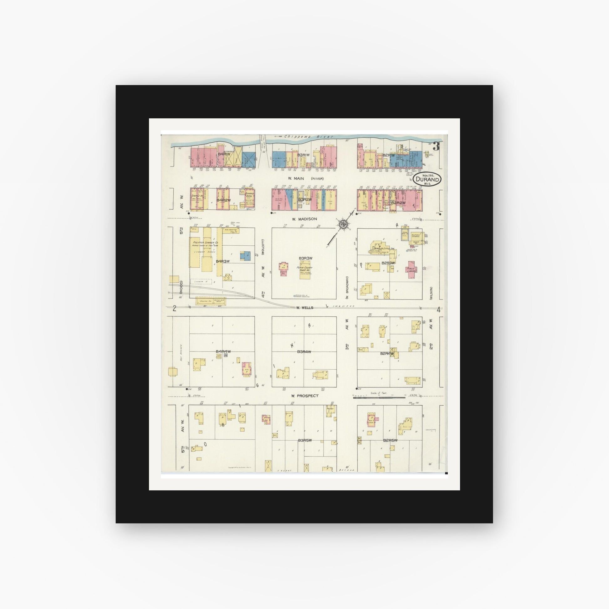 Old map wall art mockup — black gallery frame with white mat — Sanborn Fire Insurance Map from Durand, Pepin County, Wisconsin (1916), Sheet #0003