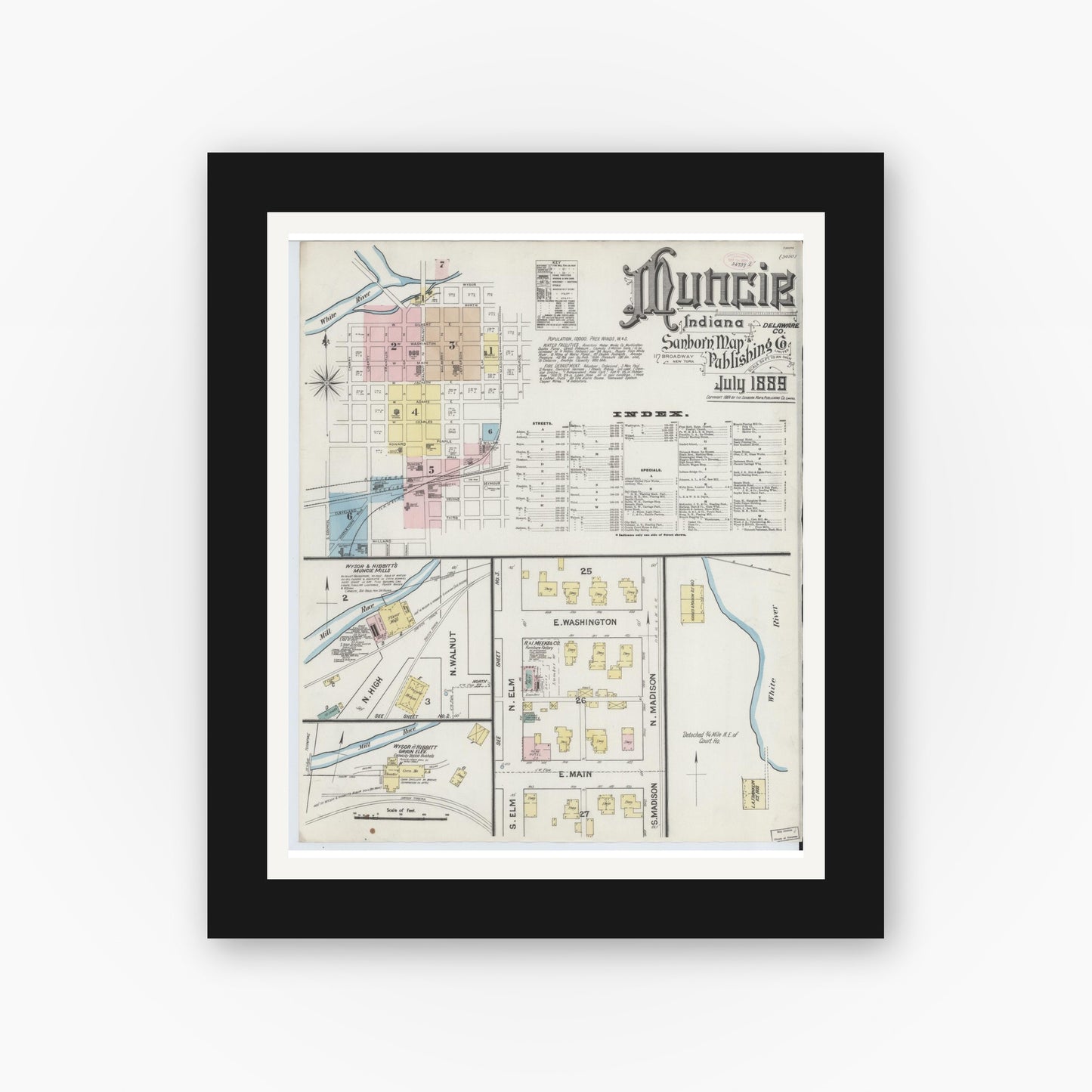 Old map wall art mockup — black gallery frame with white mat — Sanborn Fire Insurance Map from Muncie, Delaware County, Indiana (1889), Sheet #0001