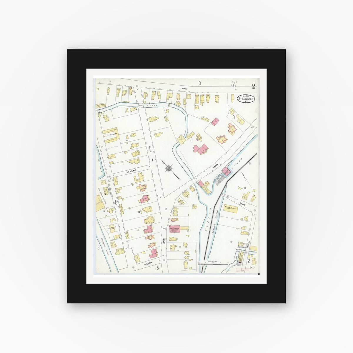 Old map wall art mockup — black gallery frame with white mat — Sanborn Fire Insurance Map from Stillwater, Saratoga County, New York (1910), Sheet #0002