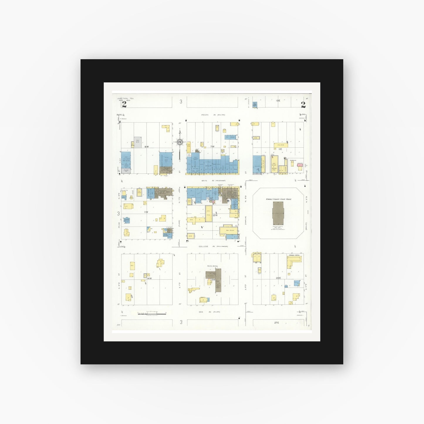 Old map wall art mockup — black gallery frame with white mat — Sanborn Fire Insurance Map from Junction, Kimble County, Texas (1933), Sheet #0002