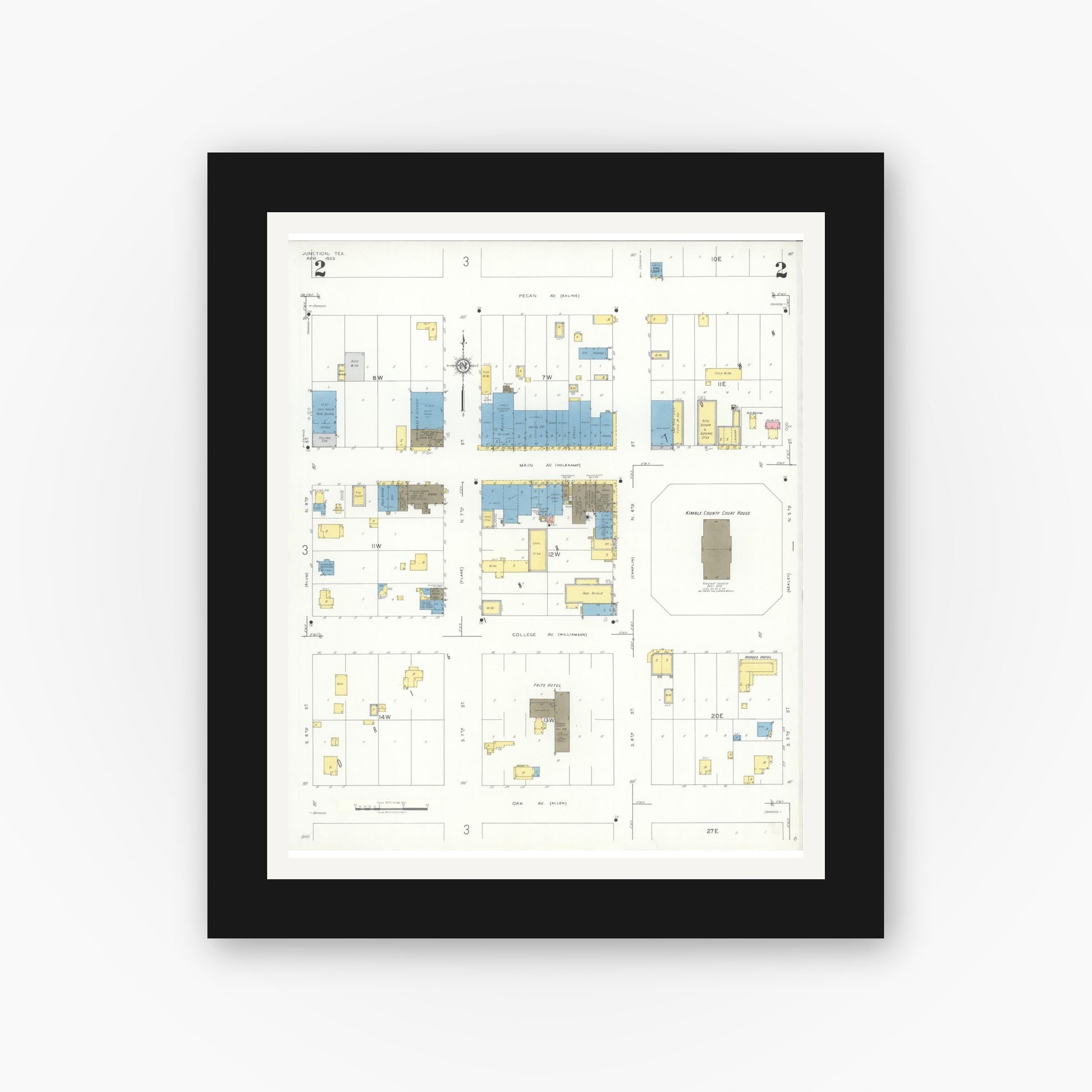 Old map wall art mockup — black gallery frame with white mat — Sanborn Fire Insurance Map from Junction, Kimble County, Texas (1933), Sheet #0002
