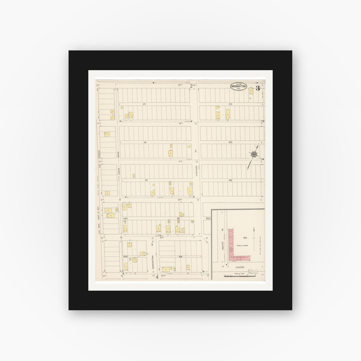 Old map wall art mockup — black gallery frame with white mat — Sanborn Fire Insurance Map from Manhattan Beach, Los Angeles County, California (1917), Sheet #0003